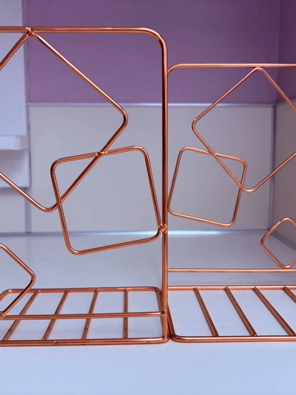 Rose Gold Metal Wire Bookends Circle & Square Geometric Set of 2